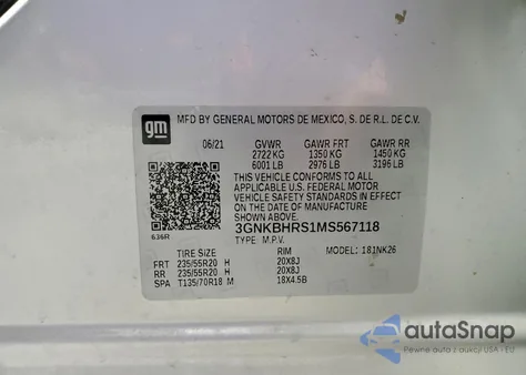 2021 Chevrolet Blazer 2Lt из США, поврежденный, VIN 3GNKBHRS1MS567118